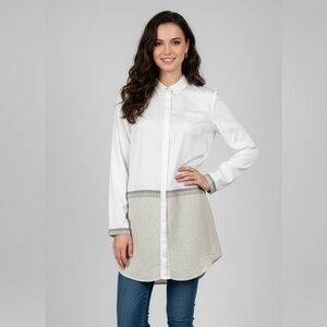 Lafayette 148 New York Button Up Cotton Linen White Beige Color Block Shirt Sz L